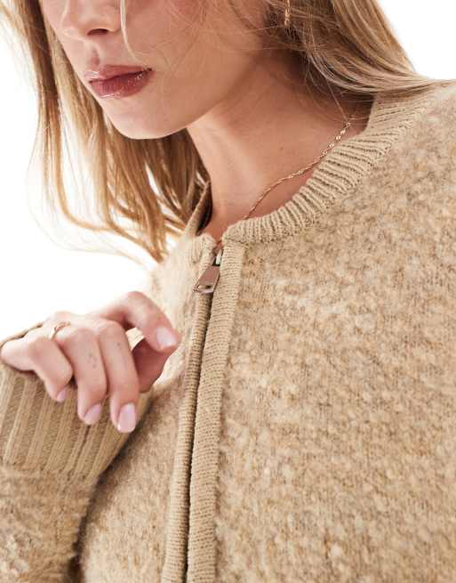 Brave Soul - Kamelfarvet cardigan med lynlås i bouclé, 2 af 4