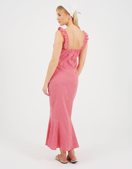 Brave Soul kariertes ärmelloses Maxikleid mit Rüschenkragen in Rot, 2 von 3