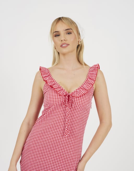 Brave Soul kariertes ärmelloses Maxikleid mit Rüschenkragen in Rot, 3 von 3