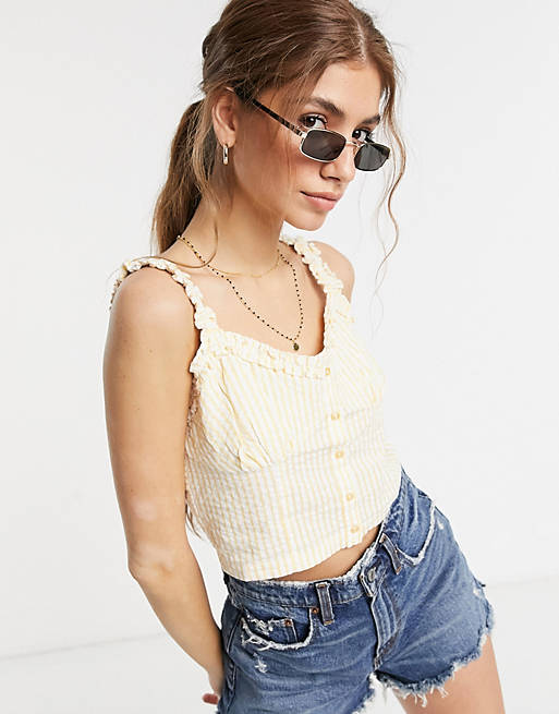 Brave Soul Kate frill strap crop top in yellow stripe