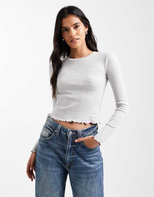 Brave Soul - Katoenen T-shirt met lange mouwen en geschulpte zoom in grijs