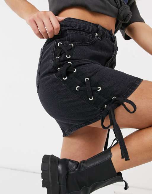 Brave Soul Keira denim mini skirt with tie up sides in black, 3 of 4