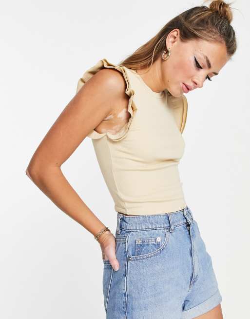 Brave Soul - Kelso - Strikket sandfarvet croptop med flæsekant, 2 af 4