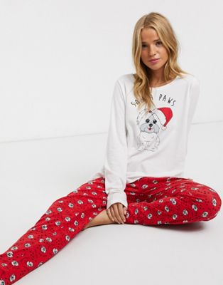 Brave Soul - Kerstpyjamaset met 'Santa paws'-print en broek-Rood