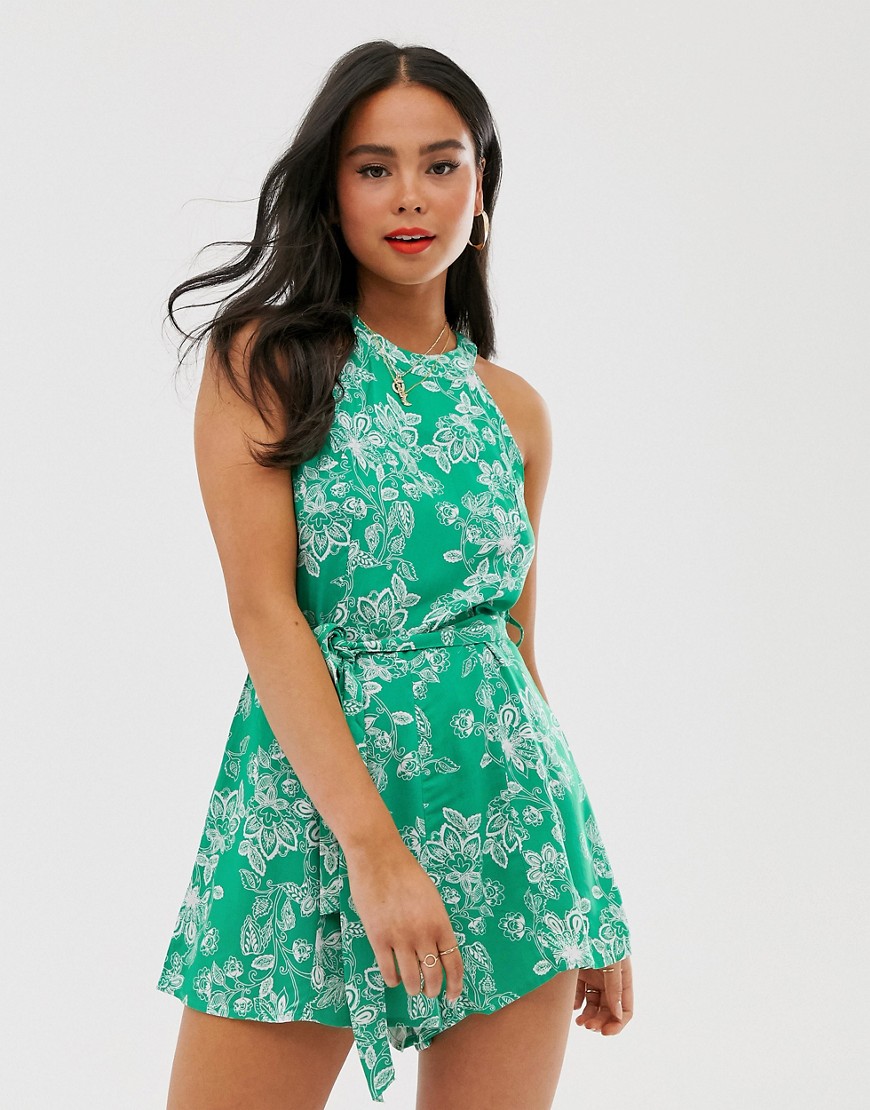 Brave Soul kianna high neck playsuit in floral print-Green