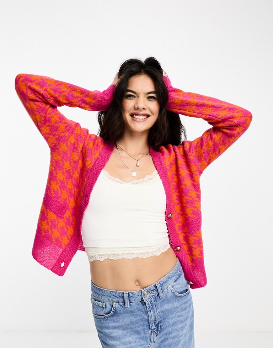 Brave Soul kimmy checked cropped cardigan in pink