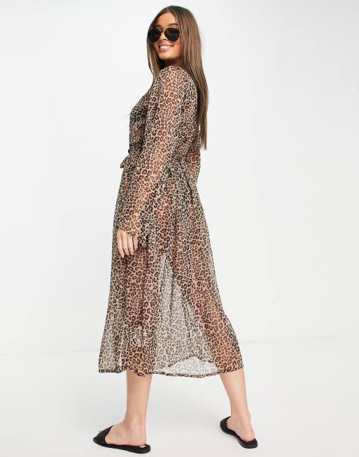Brave Soul kimono with belt tie detail in leopard print brown, 2 of 4