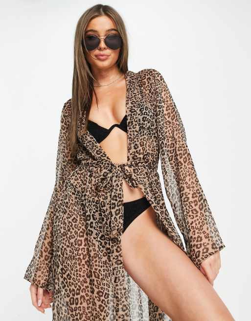 Brave Soul kimono with belt tie detail in leopard print brown, 4 of 4