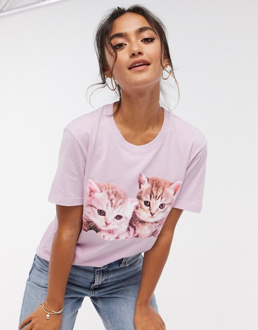 Brave Soul kitten graphic t-shirt in lilac