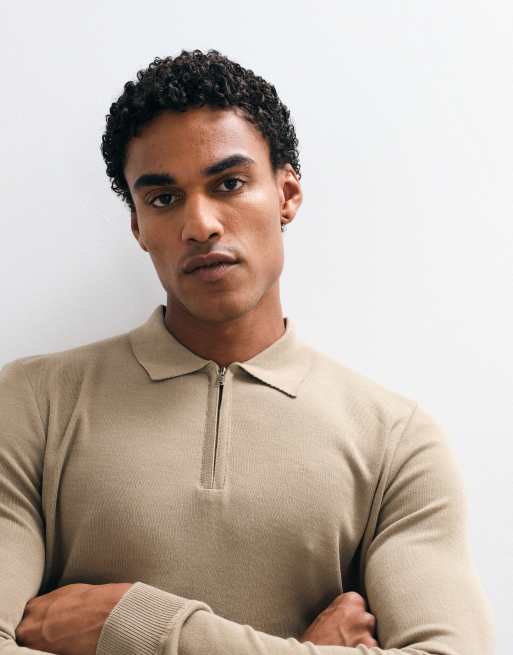 Brave Soul knit 1/4 zip sweater with polo placket in stone, 5 of 5