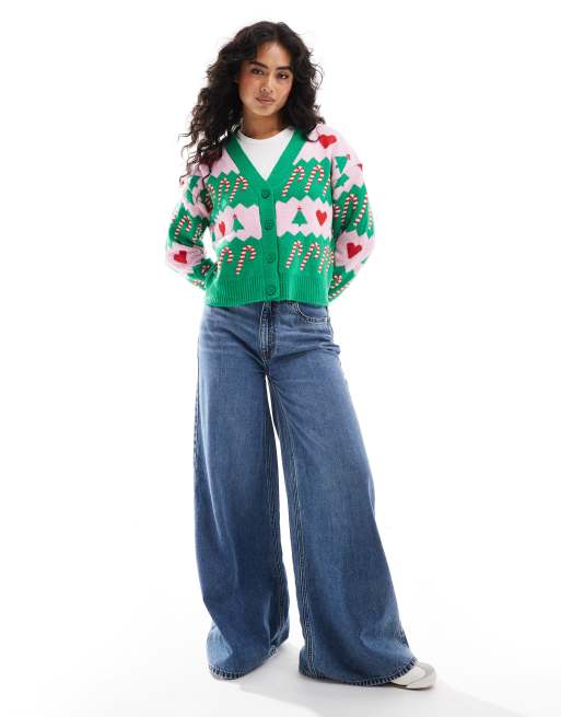 Brave Soul knit button through christmas cardigan in green and pink , 2 of 4