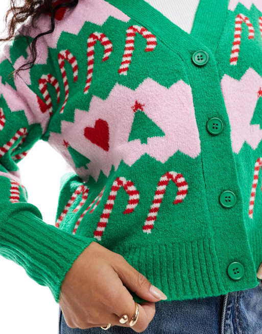 Brave Soul knit button through christmas cardigan in green and pink , 3 of 4