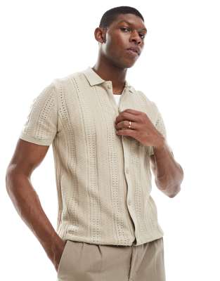 knit button through polo shirt in beige-Neutral