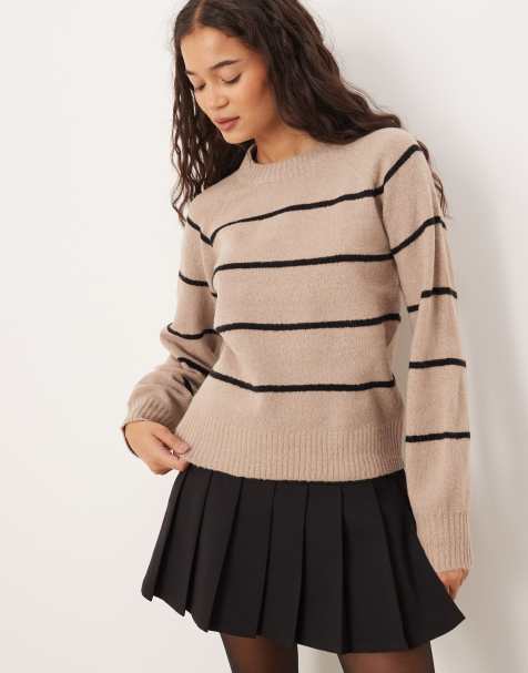 Brave Soul knit crew neck sweater in mink with black stripe - view 1