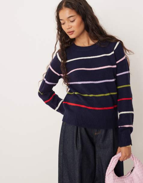 Brave Soul knit crew neck sweater in navy with multi stripe - view 1