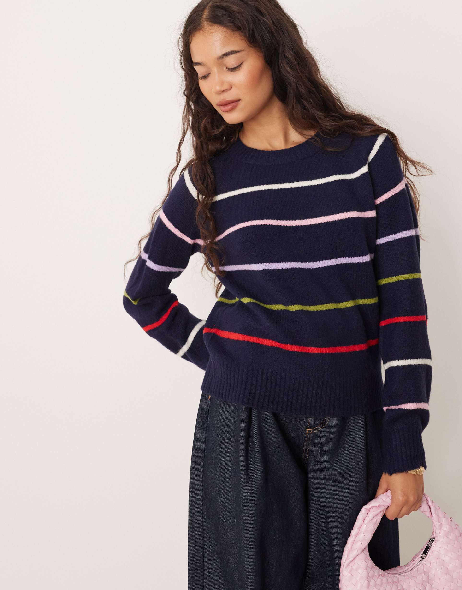 brave soul knit crew neck sweater in navy with multi stripe