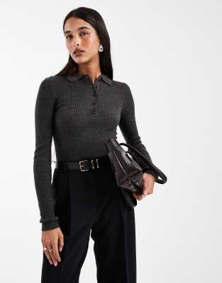 Brave Soul Knit Long Sleeve Button Down Polo Top In Gray