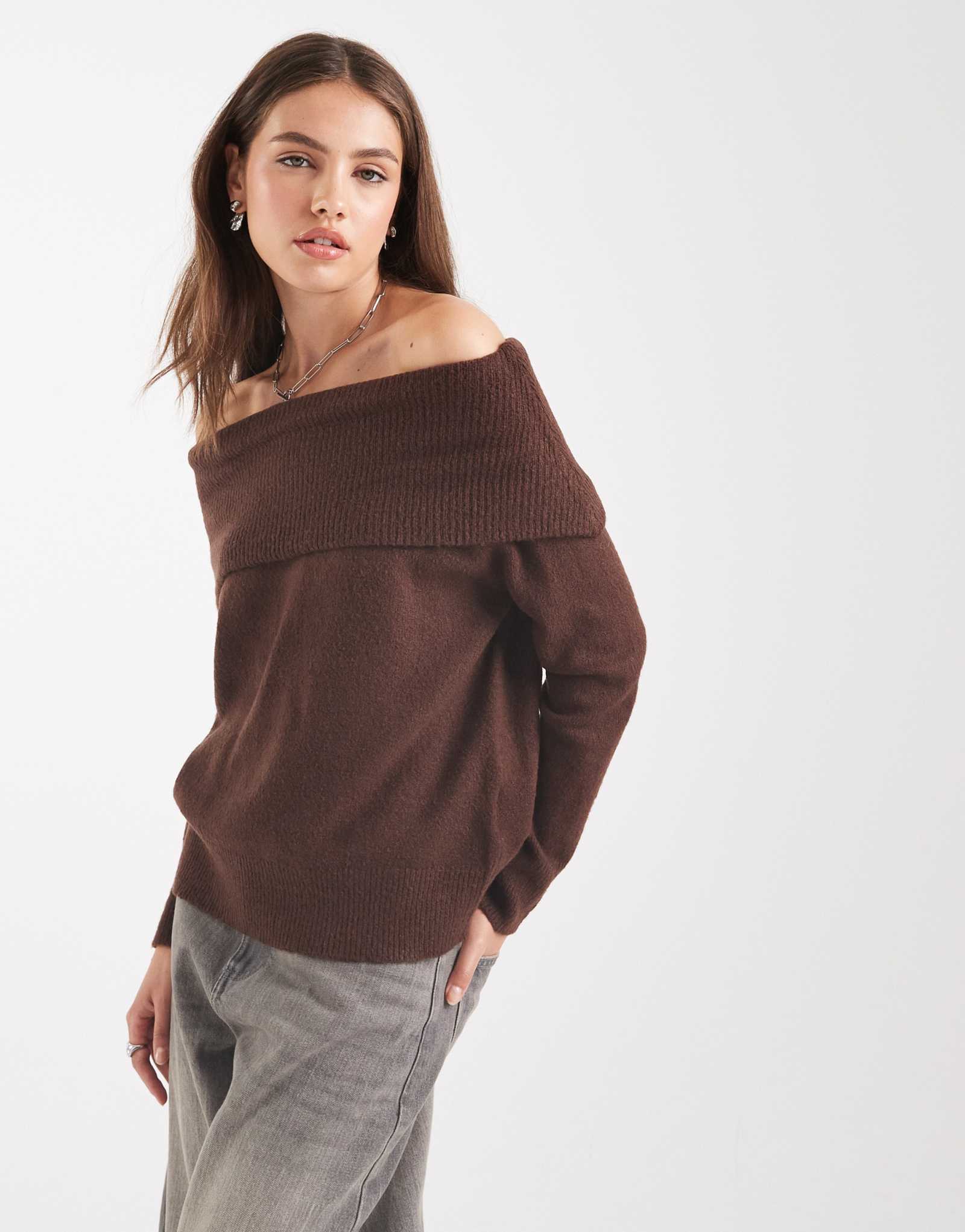 Вязаный свитер Brave Soul с открытыми плечами коричневого цвета