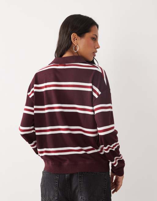 Brave Soul knit polo top in brown, red and ivory stripes, 4 of 4