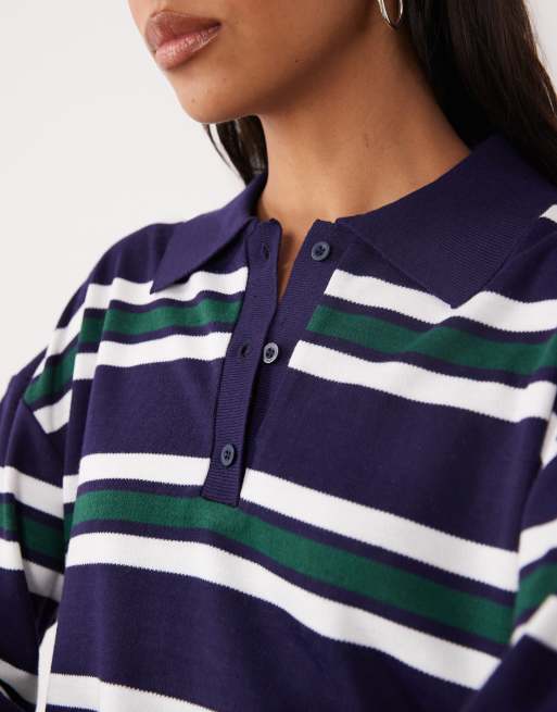 Brave Soul knit polo top in navy, green and ivory stripes, 3 of 4