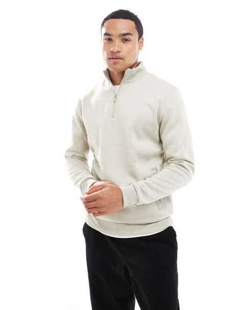 Brave Soul knit quarter zip funnel neck sweater in stone - view 1