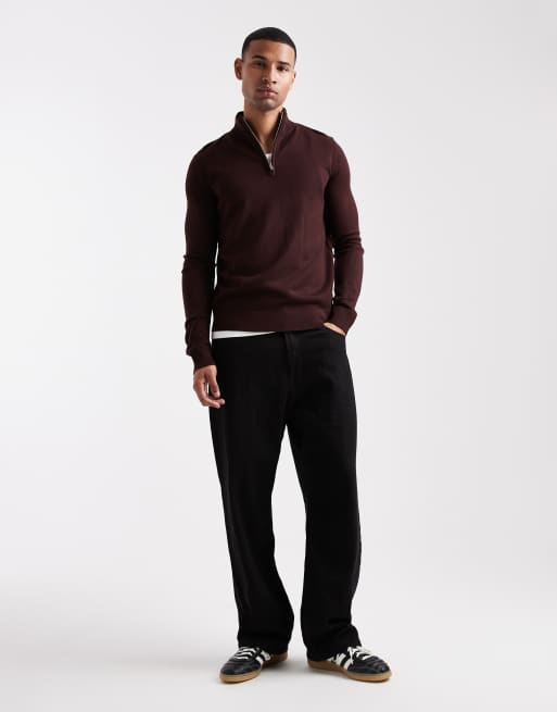 Brave Soul knit quarter zip jumper in burgundy, 2 of 5