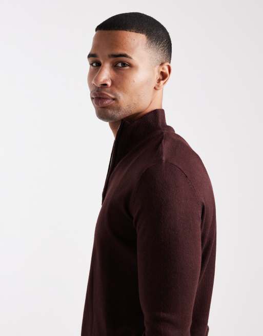 Brave Soul knit quarter zip jumper in burgundy, 5 of 5