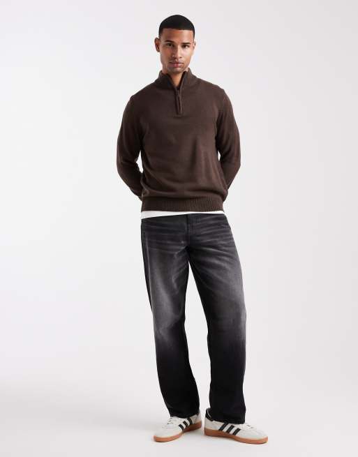 Brave Soul knit quarter zip jumper in chocolate brown, 2 of 5