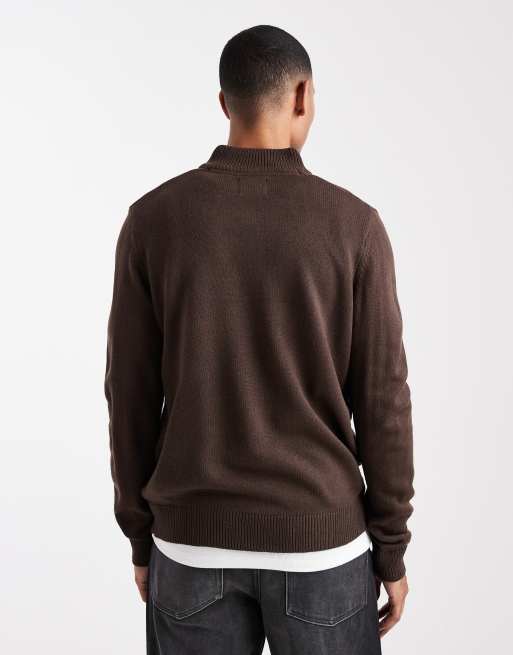 Brave Soul knit quarter zip jumper in chocolate brown, 3 of 5