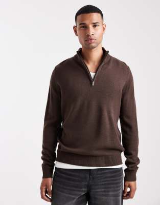 Brave Soul Knit Quarter Zip Sweater In Brown