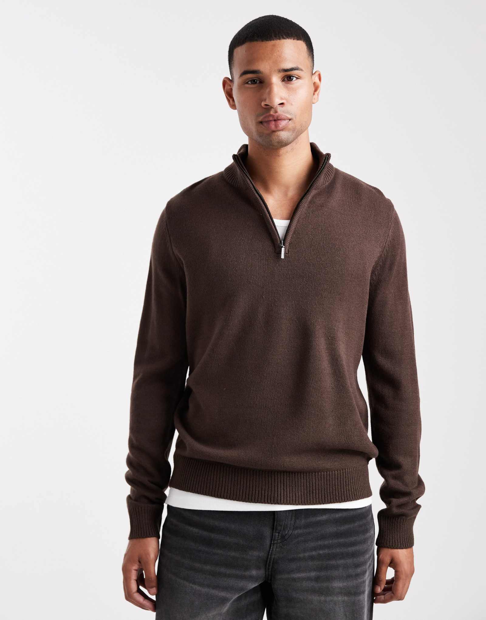 Вязаный свитер Brave Soul с застежкой на четверть молнии шоколадно-коричневого цвета