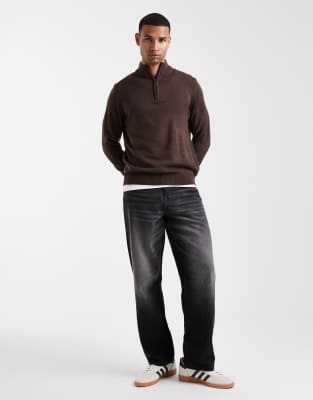 Brave Soul Knit Quarter Zip Sweater In Brown