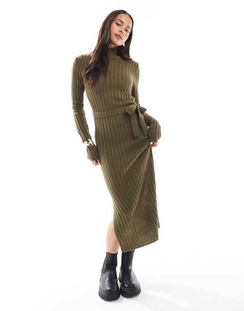 Brave Soul knit ribbed turtleneck midi dress with tie belt in khaki - view 1