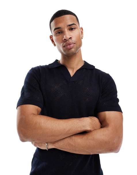 Brave Soul knit trophy neck top in navy texture - view 1