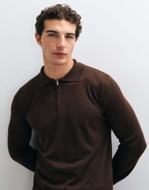 Brave Soul knitted 1/4 zip jumper with polo placket in chocolate brown - view 1