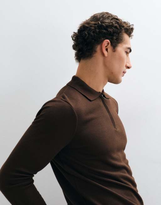 Brave Soul knitted 1/4 zip jumper with polo placket in chocolate brown, 3 of 5