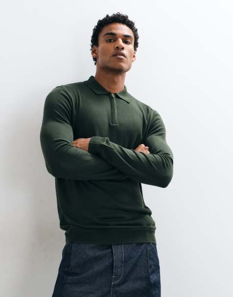 Brave Soul knitted 1/4 zip jumper with polo placket in khaki - view 1
