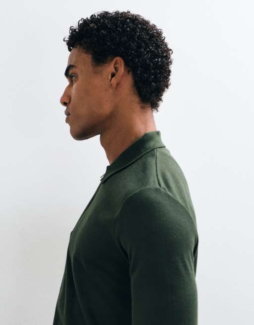 Brave Soul knitted 1/4 zip jumper with polo placket in khaki, 3 of 5