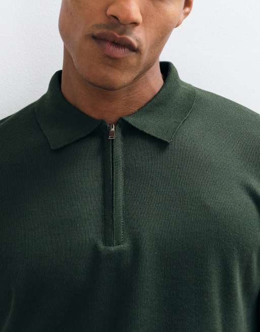 Brave Soul knitted 1/4 zip jumper with polo placket in khaki, 4 of 5