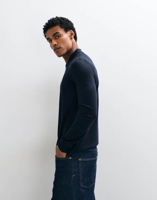 Brave Soul knitted 1/4 zip jumper with polo placket in navy, 4 of 5