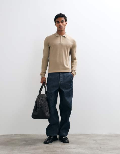 Brave Soul knitted 1/4 zip jumper with polo placket in stone - view 1