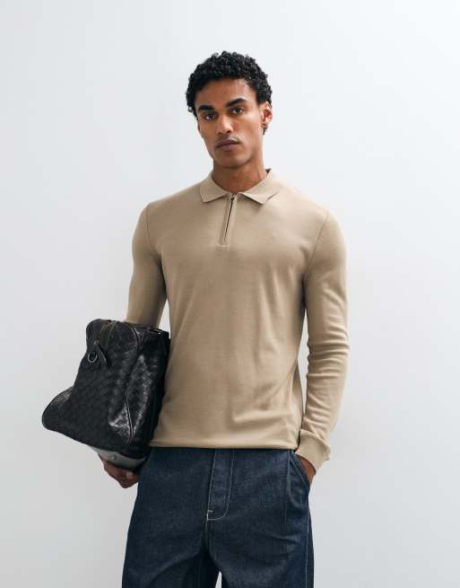 Brave Soul knitted 1/4 zip jumper with polo placket in stone, 2 of 5