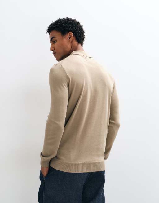 Brave Soul knitted 1/4 zip jumper with polo placket in stone, 4 of 5