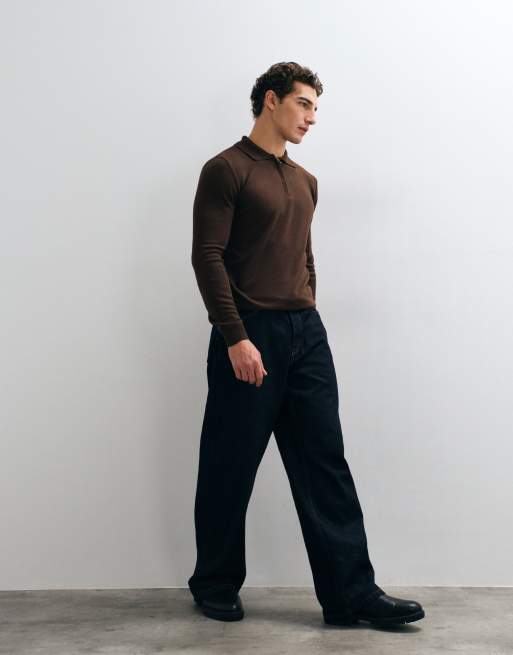 Brave Soul knitted 1/4 zip sweater with polo placket in chocolate brown, 4 of 5