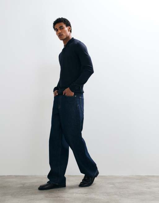 Brave Soul knitted 1/4 zip sweater with polo placket in navy, 2 of 5