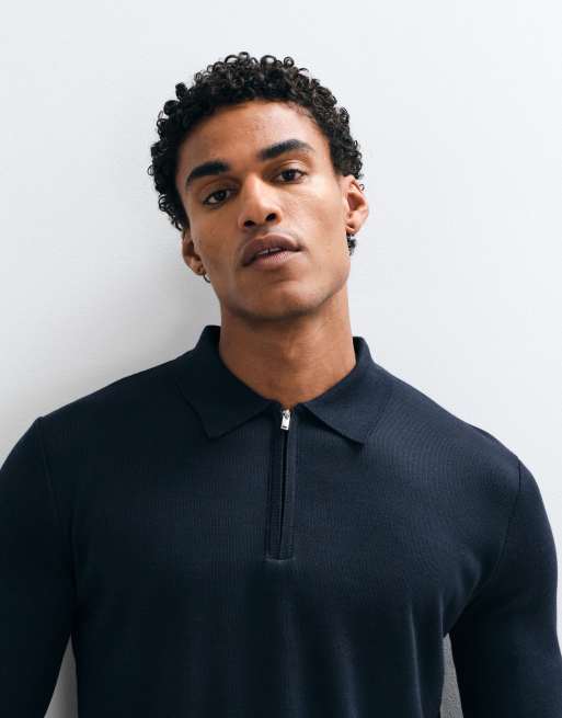 Brave Soul knitted 1/4 zip sweater with polo placket in navy, 5 of 5