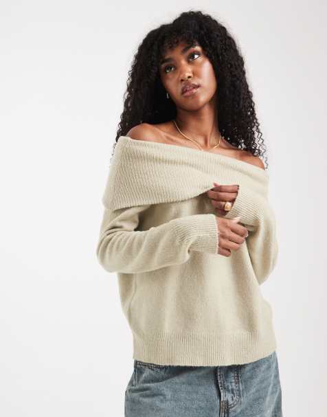 Brave Soul knitted bardot jumper in sage green