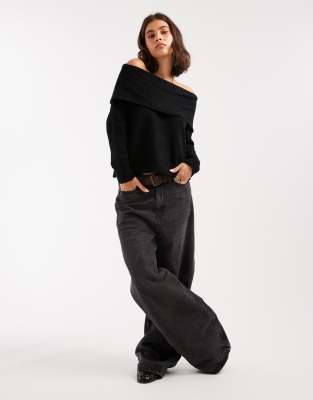 Brave Soul Knitted Bardot Sweater In Black