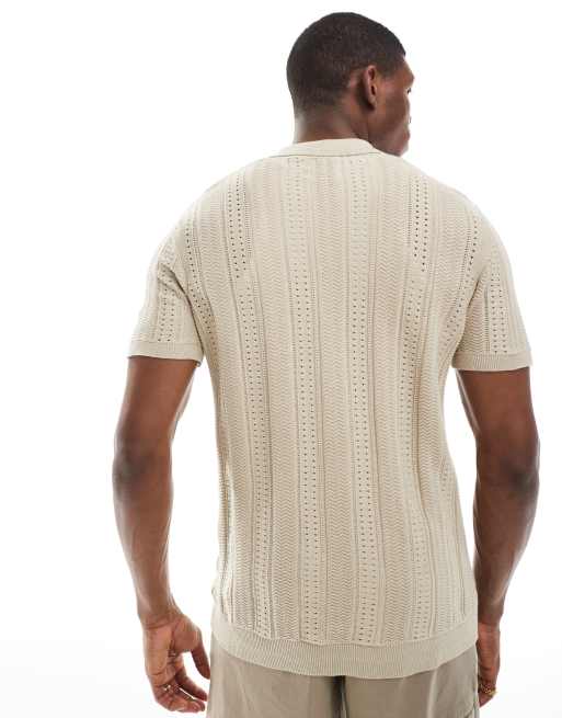 Brave Soul knitted button through polo shirt in beige, 4 of 4