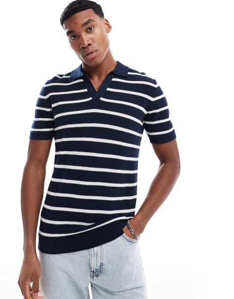 Brave Soul knitted button through top in navy and white stripe - view 1